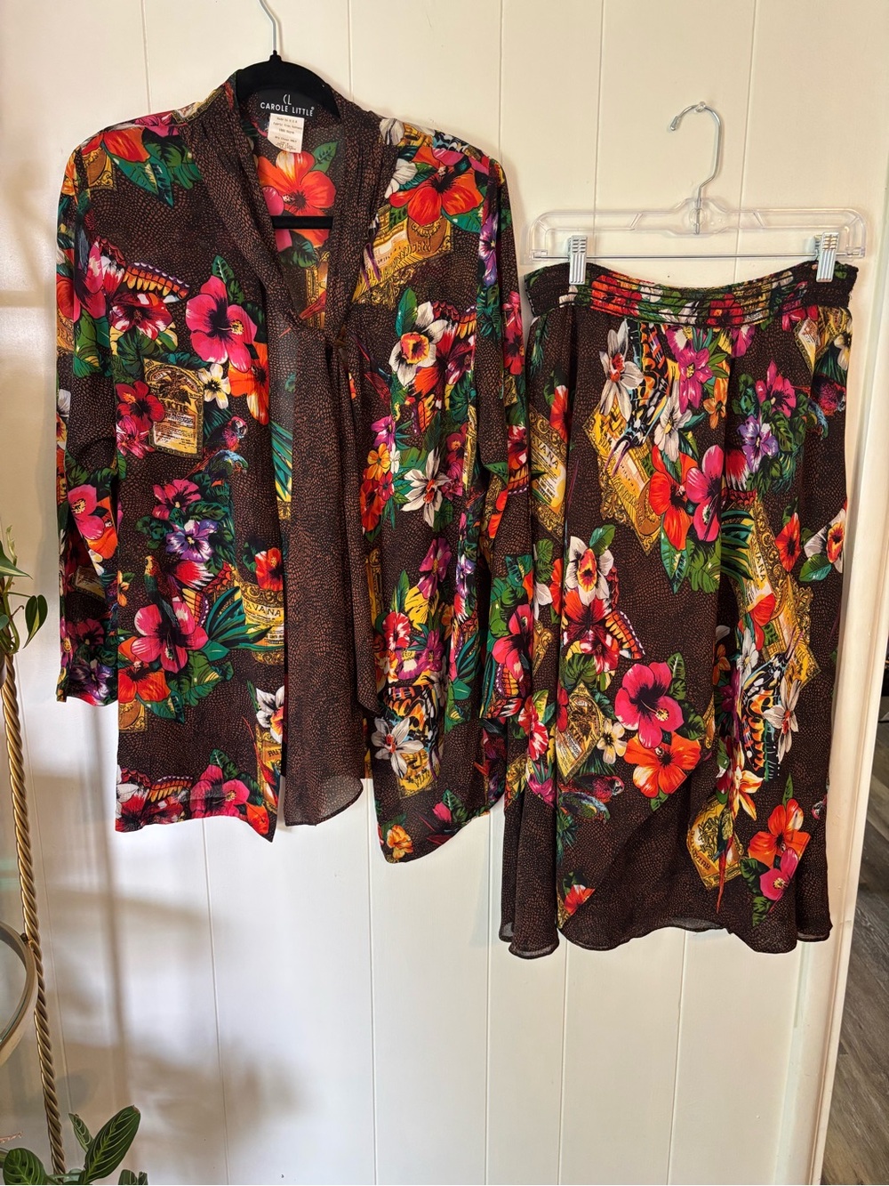 VINTAGE Carole Little Brown Floral 2 Piece Skirt Set with Pink, Orange & Green